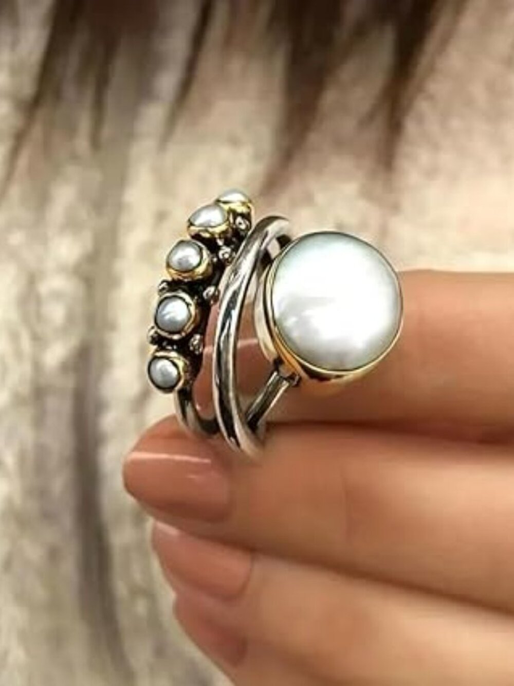 Silver Ring Three Layers Cross Pearl Ring Statement Ring Handmade Boho Sz 7 - Picture 3 of 4